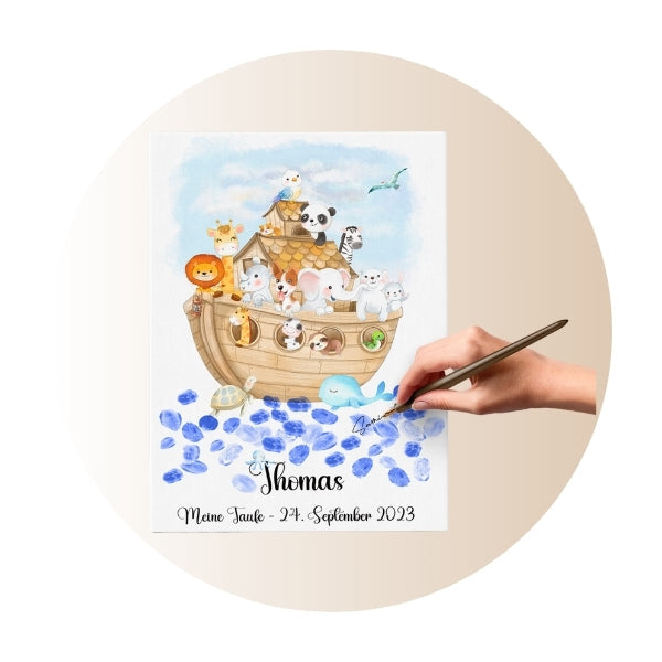 Ein Fingerabdruck-Gästebuch für Kinder, das auch ein gemeinsames Spiel ist. Mit Noah, Arche und Tiermotiv.