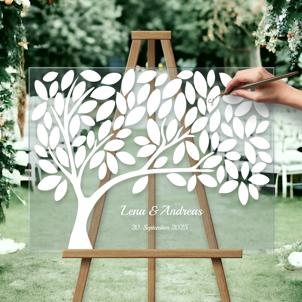 Acrylglas Gästebuch transparent A3 mit Gravur – Namen & Datum Detail Gravur Namen und Datum auf Acrylglas