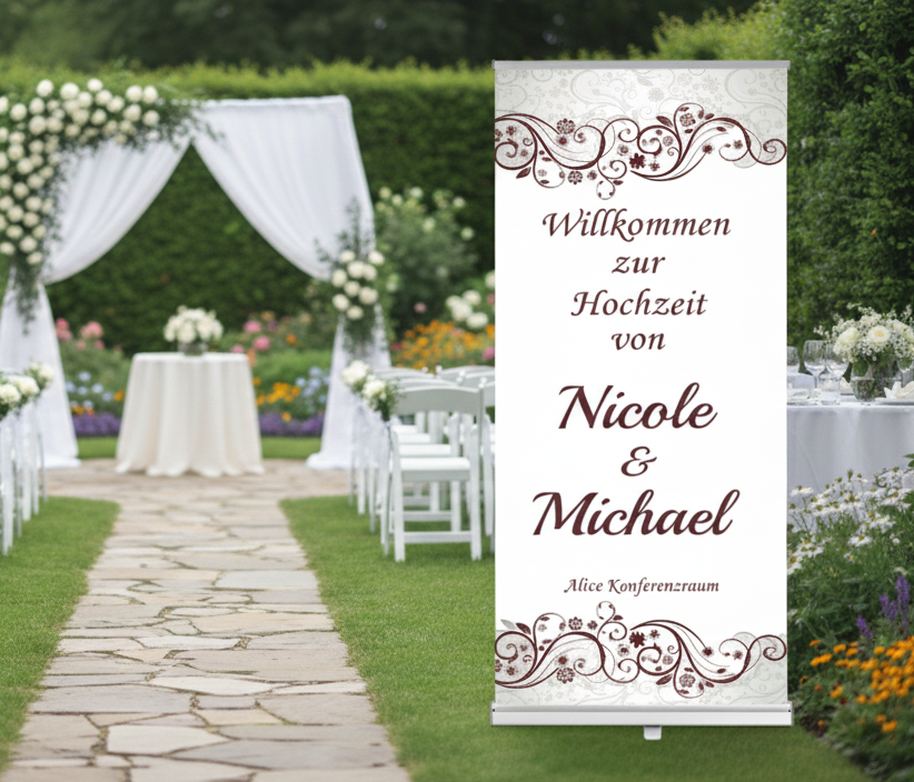 Personalisierter Roll-up im Hochzeitsdesign als Willkommensschild bei einer Feier oder Veranstaltung