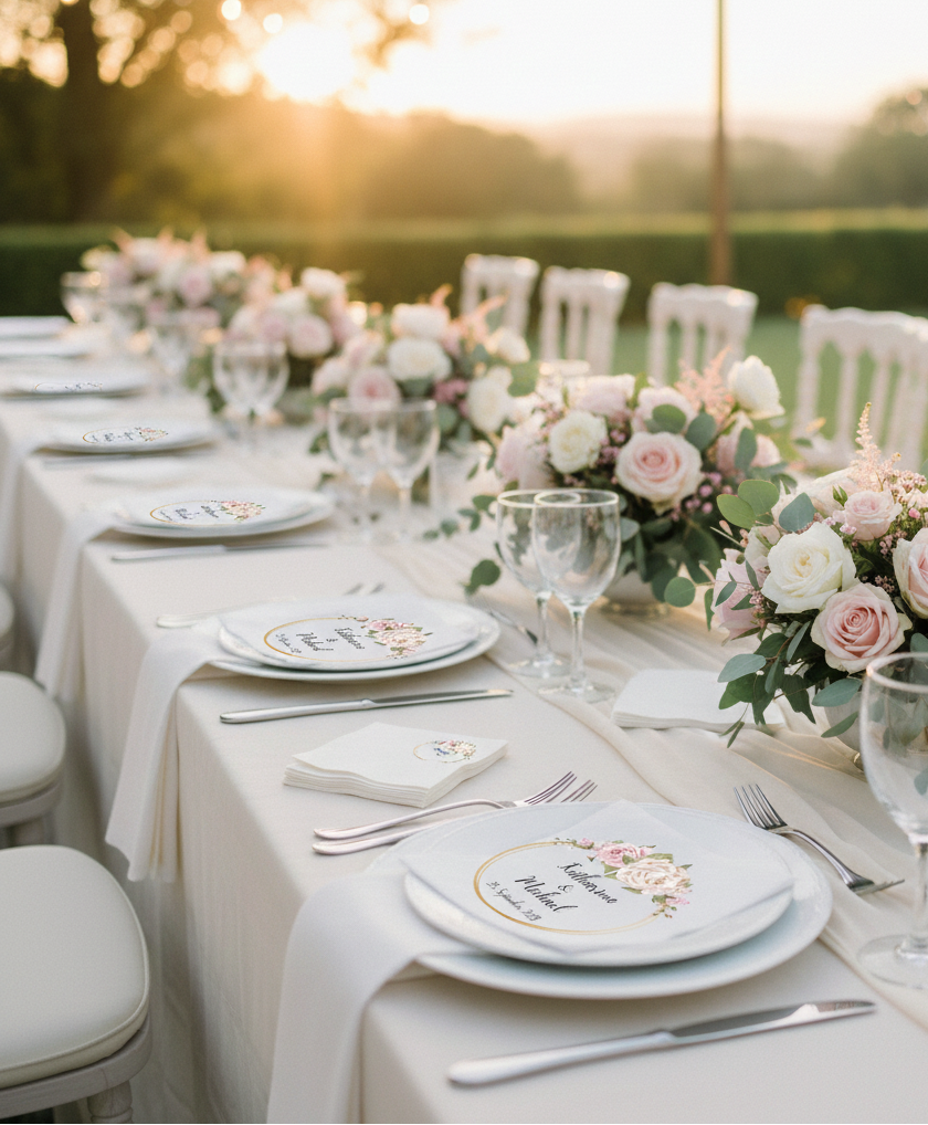 Personalisierte Airlaid-Serviette in Weiß mit individuellem Design, ideal für Hochzeit, Familienfeier oder Firmenevent, 33 × 33 cm offen