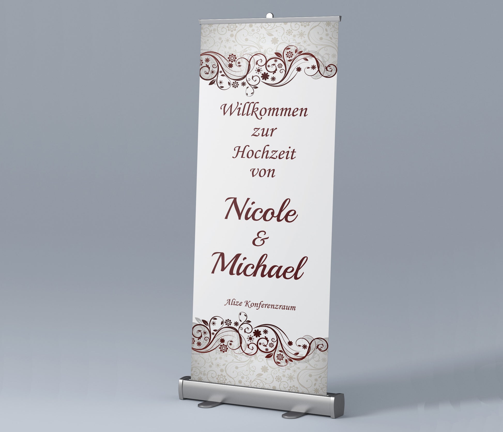 Personalisierter Roll-up im Hochzeitsdesign als Willkommensschild bei einer Feier oder Veranstaltung